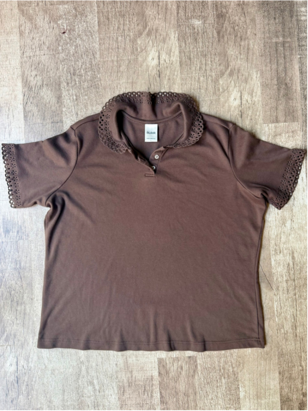 Women's Blair Brown Short Sleeve Polo Shirt with Eyelet Trim, Size L
